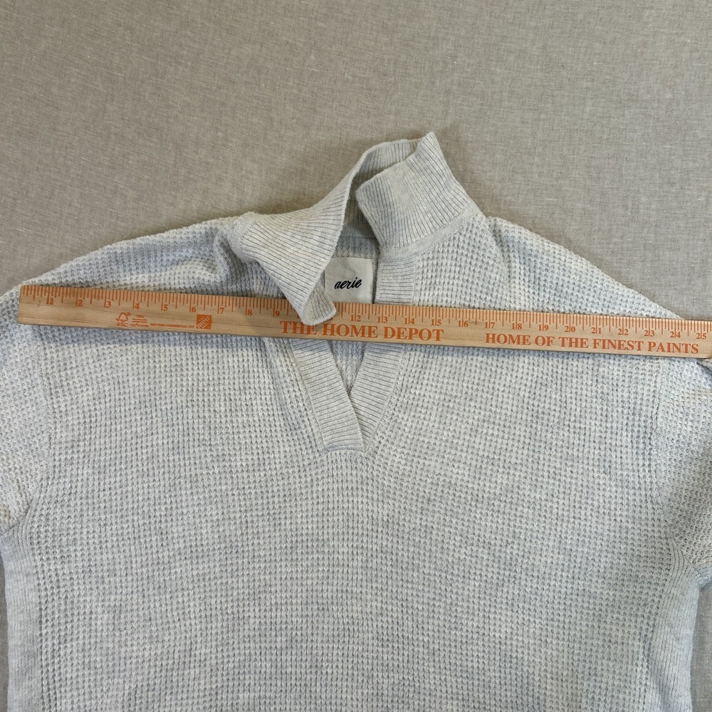 Aerie Women Pullover Sweater Collared V Neck Waffle Oversized Light Gray Medium - Picture 7 of 12